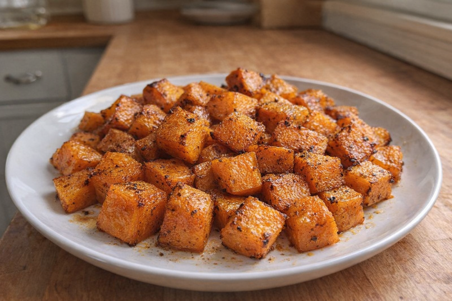 An overhead shot of perfectly roasted butternut squash cubes, golden brown with slight caramelization, arranged on a white plate, warm lighting